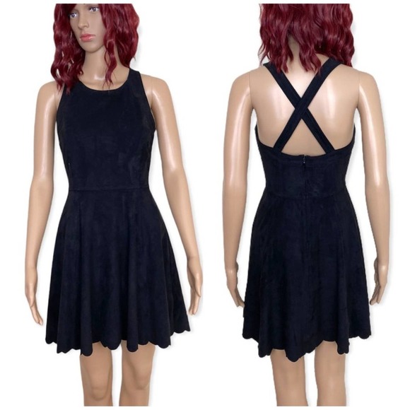 Express Womens Scalloped Mini Dress Small Black Suede-Like Cross Back Flare - Picture 2 of 9